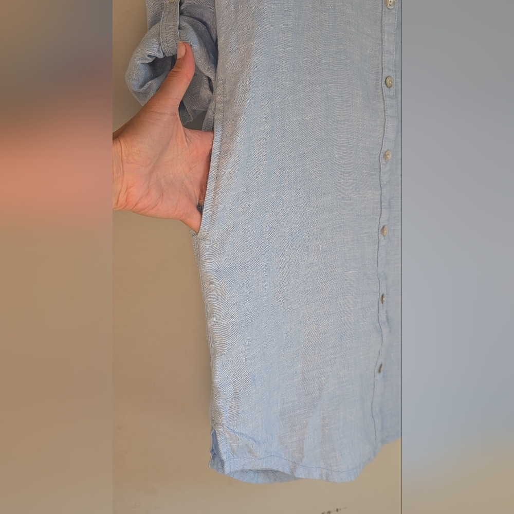 C&C CALIFORNIA Blue Linen Roll Tab Sleeve Contrast Inner Line Shirt Dress Sz XS - Picture 7 of 11